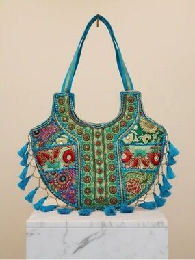 Handcrafted Embroidery Beaded Banjara Boho Shoulder Bag Blue